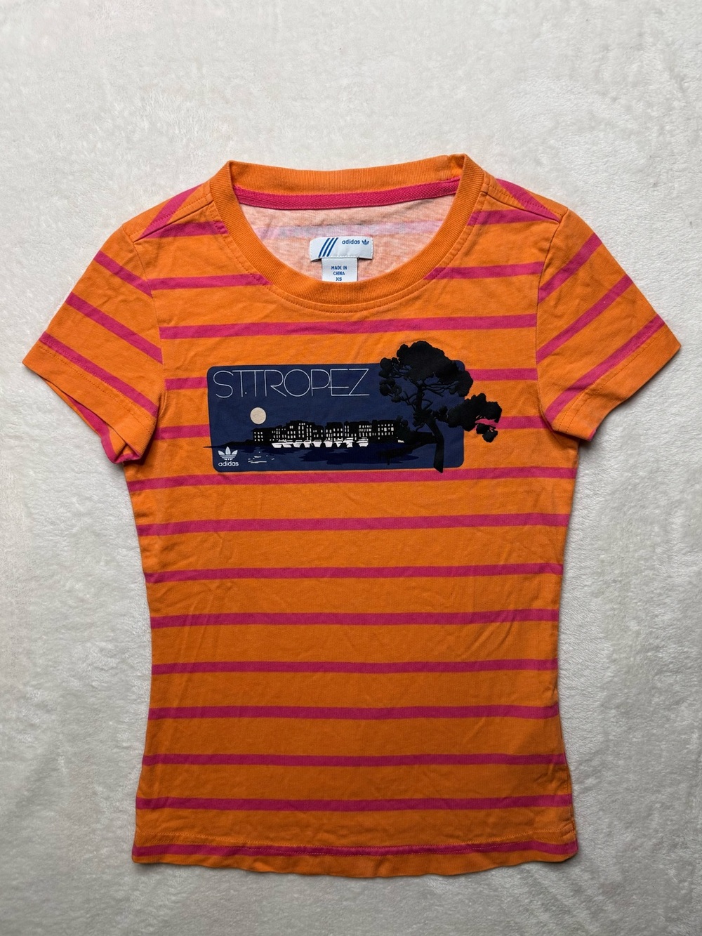 Vintage Adidas 100% Cotton Women’s XS St. Tropez Striped Graphic T-shirt Orange
